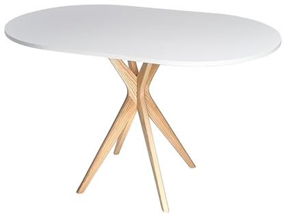 RAGABA Mesa de comedor ovalada pequeña 100 x 75 cm, estructura en X, mesa de comedor para 4 personas, madera maciza, moderna, ahorra espacio, color blanco