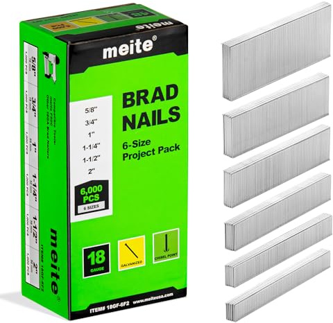 meite Stauchkopfnägel 18GA, 6.000 Stück Sortiment in 6 Größen (16mm, 19mm, 25mm, 32mm, 38mm, 50mm), Verzinkte Typ 18GA Nägel für Druckluftnagler – Trim & Projekt-Set