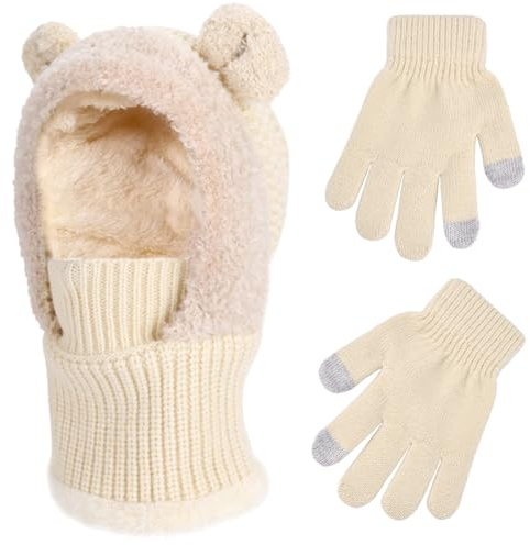 Kids Winter Balaclava Windproof Hats Gloves Set 3-in-1 Fleece Lined Hooded Scarf & Face Mask for Ages 2-8