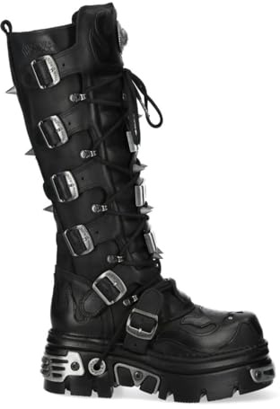 New Rock M-161-C10 Stivali gotici alti al ginocchio in pelle nera con borchie, Nero , 44 EU