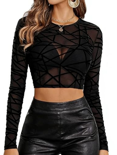 UJBVCX Blusa de Malla para Mujer Camiseta Manga Larga Transparente Sexy Top See Through Camisas Tul Mesh Tops Clubwear Casual T-Shirt S