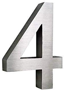 Hausnummer 4 Edelstahl 3D Design Arial rostfrei witterungsbeständig 20cm Höhe gebürsteter Edelstahl V2A inkl. Montagematerial Alle Hausnummern erhältlich: 0 1 2 3 4 5 6 7 8 9 A B C D