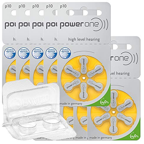 60x Power One 10 Hörgerätebatterien 10x6er Blister PR70 Gelb 24610 + Aufbewahrungsbox für 2 Hörgerätebatterien (10, 13, 312, 675), Batteriebox für 2 Knopfzellen bis 12 mm x 6 mm (Ø x H)