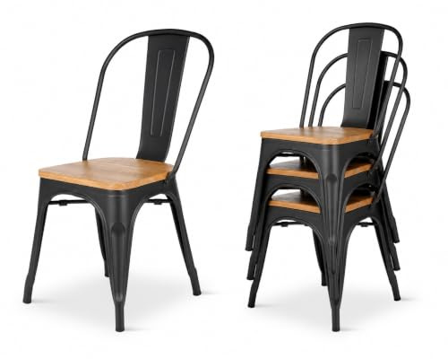 Kosmi - Juego de 4 sillas de Metal Negro y Madera Clara Asiento de fábrica de Estilo Industrial de Metal Negro Mate y Madera Clara