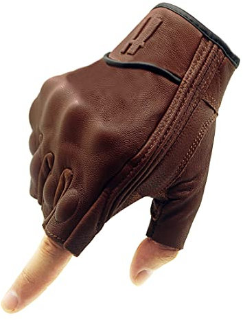 Harssidanzar Gants sans Doigts de Moto à écran Tactile en Peau de chèvre à Doigt Complet pour Hommes GM037EU,Brun Selle,Taille L