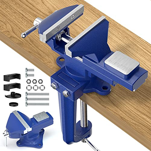 Shangyoyi 2-in-1 Bench Vise For Workbench 3.2- Multi-functional Portable 360° Swivel Base Bench Clamp On Vice/Table Vise For Woodworking, Cutting Conduit, Drilling, Metalworking, Blue