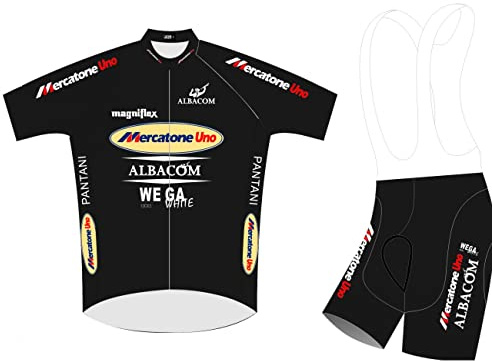 SGCIKER Marco Pantani Pro Team Retro Mercatone Uno nero maglia da ciclismo set for uomini, manica corta abbigliamento ciclismo bici pantaloncini con bretelle set gel pad (L)