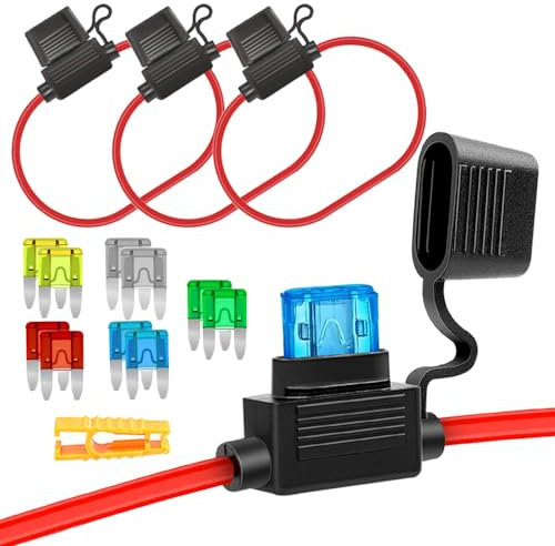 Aiqeer 3 Stück 32V Kleine Auto Inline Flachsicherungshalter, Wasserdichte KFZ Inline Mini Flachsicherungshalter mit 16 AWG Draht, Gratis 10 Stück Mini Flachsicherungen und Sicherungszieher