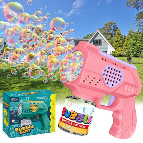 Panamalar Pistola de Burbujas para Niños, Máquina Automática de Burbujas de Jabón 10000+ Burbujas por Minuto con Luci/90ml Solución, 10 Agujeros Pistola de Pompas para Fiestas Al aire libre Boda, Rosa
