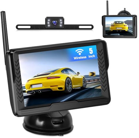 CAMECHO 5 Pollici Monitor per Auto,Kit Telecamera Retromarcia Wireless con IP69 Impermeabile,Visione Notturna Telecamera Posteriore per Auto Minivan SUV-12V