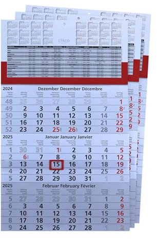 3 Stück 3 Monats Wandkalender 2025 mit Datumschieber in Rot, inkl. Ferienübersichten und Jahresüberblick 2025 und 2026, Dreimonatskalender werbefrei, 3 Monatskalender
