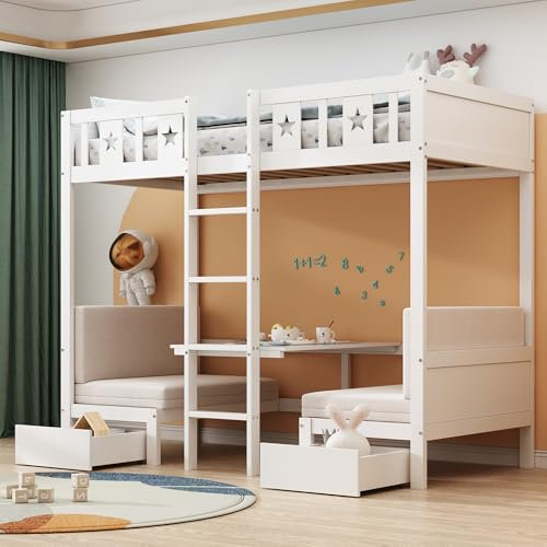 Platzsparendes Etagenbett für Kinder, Hochbett mit Flexibler Tisch und Holzsofa, Kinderbett mit Treppe und 2 Schubladen, 90x200cm Funktionsbett Stockbett Hochbett Jugendhochbett, Weiß, Ohne Matratze
