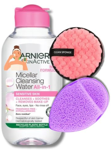 Micellar Cleansing Water Travel Set – Gentle Face Cleanser (100ml) with Reusable Makeup Remover Puff & Exfoliating Glove – Perfect for Sensitive Skin, Travel-Friendly Skincare