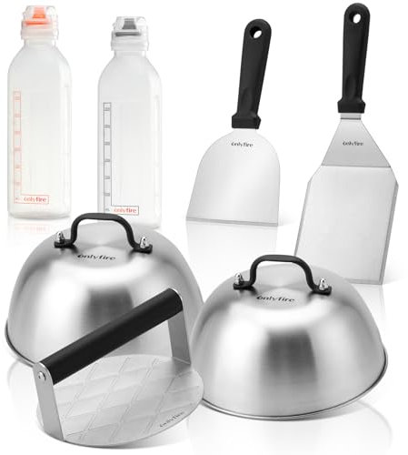 onlyfire Kit Accessori Multiuso per Piastra, 2 Coperchio per Hamburger, Spatola per Piastra, Raschietto per Barbecue, Smash Burger Press e 2 Bottiglia Squeeze per Teppanyaki e Campeggio