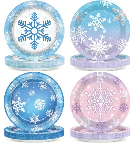 Wiooffen 80Pcs Winter Plates Snowflake Wonderland Party Tableware Decorations Winter Snowflake 7'' Paper Cake Dessert Dinner Plates for Christmas Xmas Holiday Party Supplies