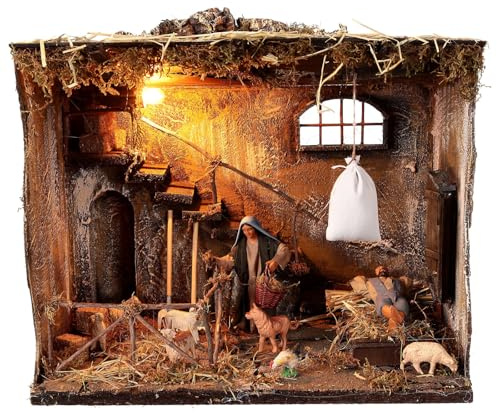Holyart Stalla illuminata 40x30x35 cm con Scala Pastore dormiente Presepe Napoletano 13 cm