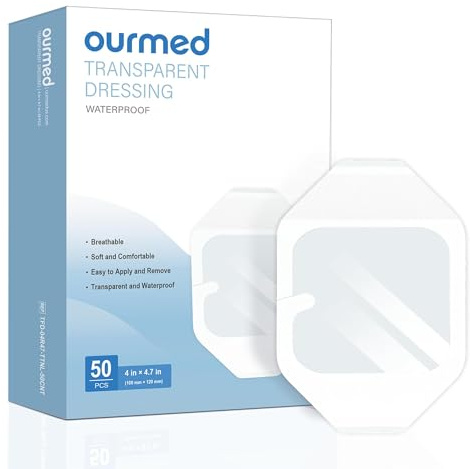 Ourmed Confezione da 50 cerotti autoadesivi trasparenti impermeabili 10 x 12 cm, medicazione per la doccia dopo operazioni, protezione IV