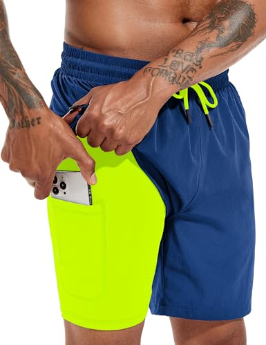 Atforna Costume da bagno da uomo, lungo, 2 in 1, con compressione, ad asciugatura rapida, traspirante, con chiusura lampo, coulisse regolabile, blu cobalto, XL