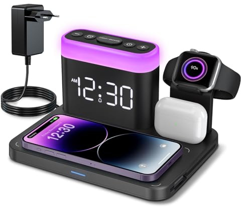 ANJANK Chargeur Induction Station, 3 en 1 Réveil avec Chargeur sans Fil,7 Veilleuses, Multiples Mag-Safe Chargeur pour iPhone 16 15 14 13 12 11 Pro Max Plus, Apple Watch10/9/8/7/Ultra/SE, Airpods