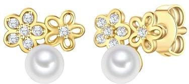 Rafaela Donata Damen Ohrstecker aus 925/- Sterling Silber gelbvergoldet 14 Karat mit Zirkonia und Perle (synth.) weiß