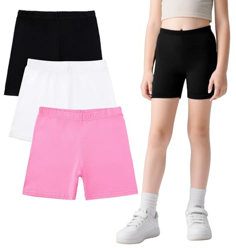 FILOWA Shorts för flickor barn bomull korta byxor 3-pack sport cykelbyxor med elastisk midja träningsbyxor mjuka färgglada fritid sportbyxor sommar gym cykling vandring joggingshorts, storlek 110–164