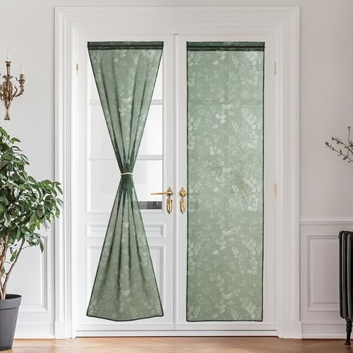 PONY DANCE Französischer Türvorhang Weihnachten 2er Set B 60 x H 240 cm Scheibengardinen Balkontür mit Stangedurchzug Leinenoptik Vorhang mit Weißem Blattmuster, Dunkelgrün