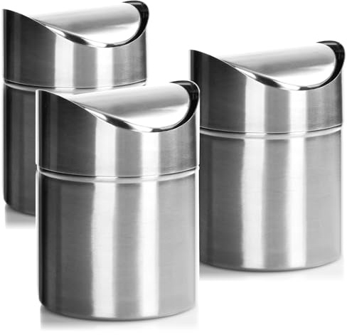 com-four® 3x Abfalleimer mit Schwingdeckel - eleganter Tischmülleimer aus Edelstahl - kompakter Kosmetikeimer fürs Bad - Küchenabfalleimer - Mini-Mülleimer (3x silberfarben - Edelstahl)