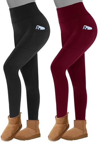 TNNZEET 2 Pack Thermal Leggings with Pockets Women Fleece Lined Pants High Waisted Fur Tights for Hiking Yoga in Winter(WR,S-M)