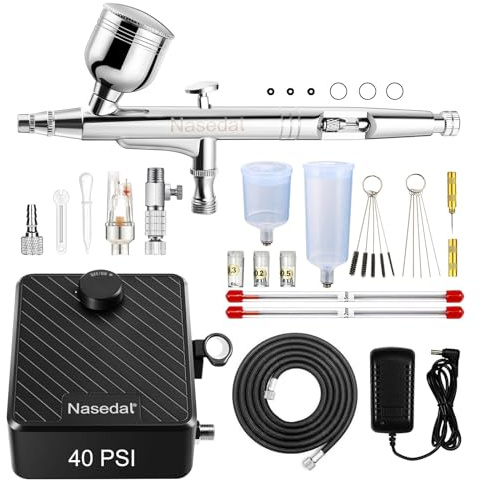 Nasedal Airbrush Kompressor Set, 40 PSI Auto-Stop-Kompressor, Dual-Action-Airbrush für Modellbau, Nageldesign, Make-up, Tortendekoration, Kunst, Handwerk und Tätowierungen mit komplettem Zubehör