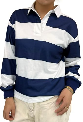 Women Striped Polo Sweatshirt Oversized Long Sleeve Rugby Shirts Fashion Fall Loose Color Block Pullover Tops(Blue,X-Large)