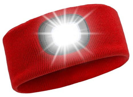 Xerteam LED Lighted Headband, USB Rechargeable Night Running Headlamp Running Lights for Runners with 4 LED, Head Torch Stretchy Waterproof, Hands Free Flashlight for Runners Dog Walking Hiking (Red)