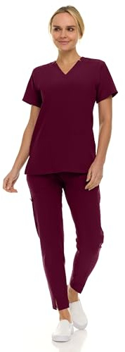 Saint Scrubs Women’s Premium 9-Pocket Scrub Set – Modern Fit Soft V-Neck Top & Tapered Straight-Leg Medical Scrub Pants, Wine, 2X
