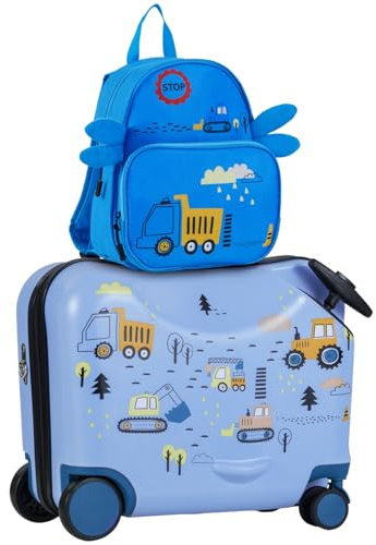 HOMFME 2PCS Kids Luggage Set, 18 Inch Children Ride on Suitcase with 12 Inch Backpack, Anti-Lose Rope, Adjustable Handle, Boys Girls Carry on Suitcase Trolley Case for Travel School (Vehicle, Blue)