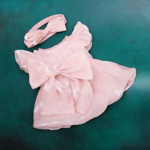 RUNGQIANY Robe Rose pour Poupée Reborn, Suitable for 20 inches - 22 inches avec Grand Nœud et Bandeau Assorti, Manches Volantées, pour Poupées de 45 à 55 cm