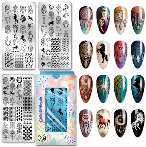 PH PandaHall 3pcs Plaques de Stamping pour Ongles Attrape Rêves, Modèles de Nail Art Cheval Fer à Cheval Acier Inoxydable Pochoirs pour Nail Art pour Manucure Design DIY Salon, Zodiaque Chinois 2026