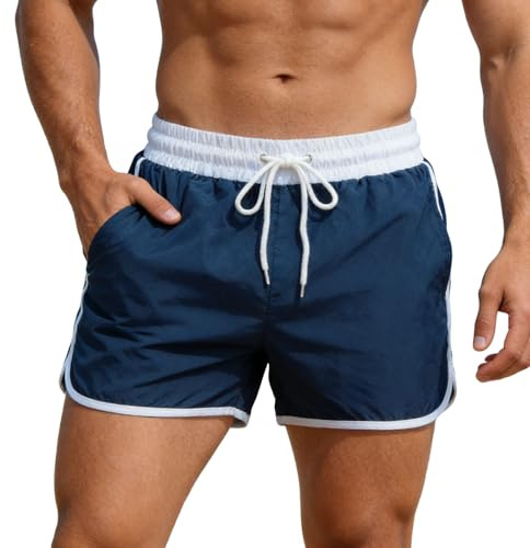 Generisch Shorts de baño con forro de malla para surf, voleibol de playa, pantalones cortos deportivos, ropa informal cómoda (azul, S)