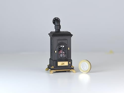 1/12 Scale Miniature Wood Burning Stove, Dollhouse Furniture, Hand Painted Resin, Flickering LED, Battery Powered (3V battery)
