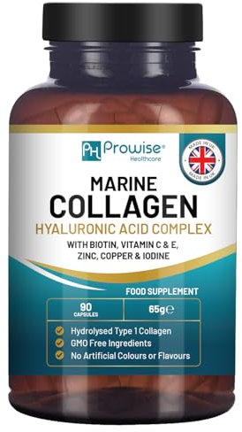 Collagène Marin avec Acide Hyaluronique 1100mg - 90 Capsules Boostées en Acide Hyaluronique, Vitamines C, E, B2, Biotine, Cuivre, Zinc et Iode | Fabriqué au Royaume-Uni par Prowise Healthcare