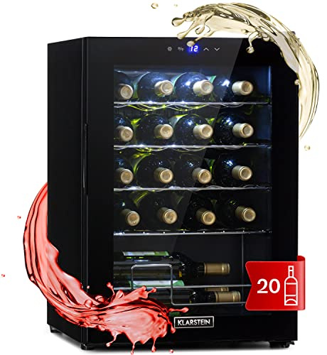 KLARSTEIN Vinoteca, Nevera para Vinos con 1 Zona de Refrigeración, Botellero para Vinos, Cerveza, Prosecco, Expositor Interior y Exterior, Panel Táctil, 53 L., Vinoteca Capacidad 20 Botellas