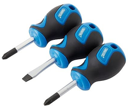 Draper 3 Piece Precision Screwdriver Set |Stubby Soft Grip | Moulded Inserts| Hand Tools Set | Phillips and Flathead Screwdrivers | Sand Blasted Tips | 32604