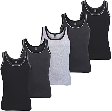 MT Camisetas interiores de tirantes para hombre (paquete de 5) en melange, sin mangas, de algodón fino acanalado, negro/gris, M