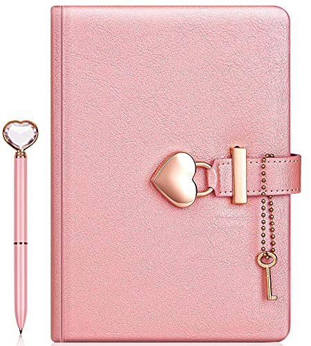 fengco Heart Shaped Lock Diary with Key + Heart Diamond Pen Set for Girls PU Leather Cover Journal Personal Planner Organizers Secret Notebook for Women (Pearl Pink, B6(18 * 13.5CM))