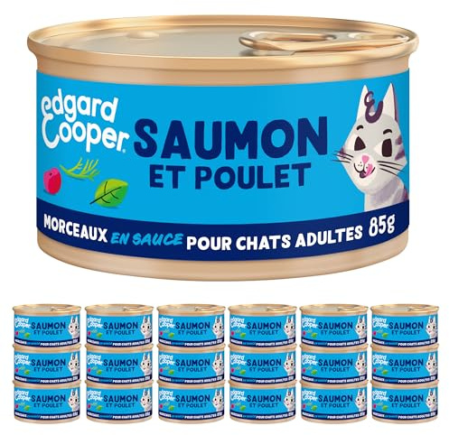 Edgard & Cooper Morceaux en Sauce pour Chat Adulte Stérilisé, Saumon Poulet 18 x 85g, Nourriture Humide Sans céréales, Pate Riche en protéines, Sans sucres ajoutés