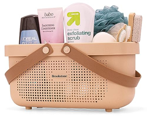 Brookstone Modern Large Portable Shower Caddy with Soft Silicone Carrying Handle, Bathroom Organizer Basket, Plastic Bath Tote and Shower Organizer, Quick Dry Drainage Holes, BPA Free, Blush