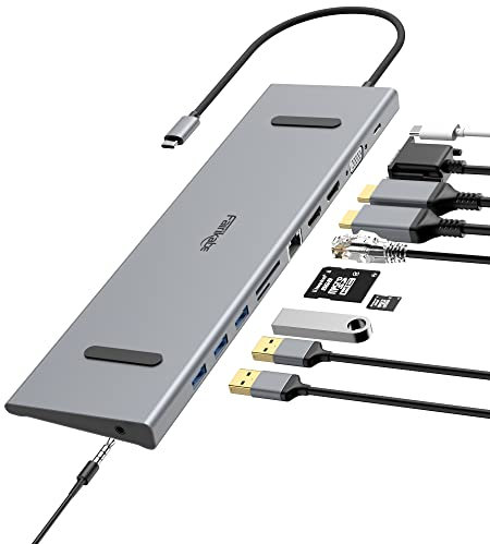 USB C Docking Station 2 HDMI, USB-C Docking Station Dual Monitor/Triple Monitors, Dual HDMI, VGA, 3 USB 3.0 Ports, SD/TF, Ethernet, Audio, PD 100W, USBC Hub Multiport Adapter