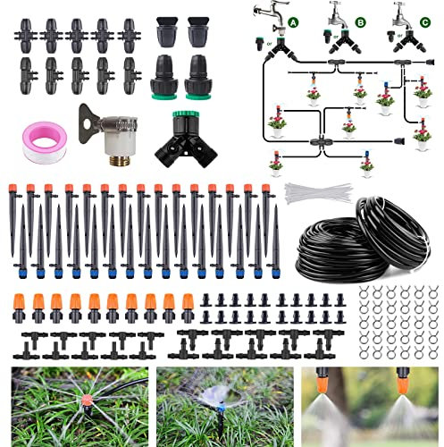 ILIKEPOW Garten Bewässerungssystem, 15M + 15M DIY Pflanzen Zerstäuberdüsen Tropfbewässerungssy-Set Tropfer Sprinkler Schlauch-Bewässerung für Gewächshaus