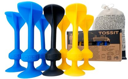TOSSIT Spiel Saugnapf Darts, Indoor Outdoor Drinnen Draußen, Boccia, Petanque, Wurfspiel, Nachhaltig langlebig Silikon, Boden oder Wand, Starter Pack, Blau Gelb