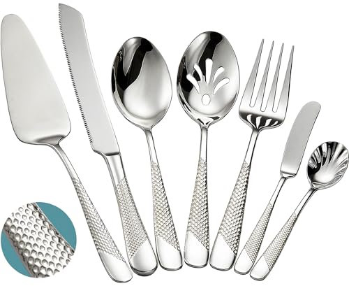 Xideman® 7-Piece Hammered 18/10 Stainless Steel Cutlery Serving Utensil Set - Hostess Flatware with Cake Knife & Cake Server (Silver)
