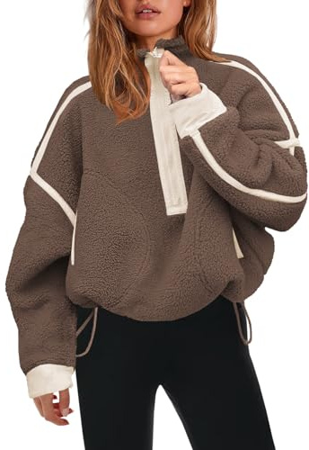 Panadila Womens Half Zip Sherpa Fleece Pullover Soft Oversized Sweatshirt with Pockets Warm Fuzzy Sweater, Brown, S