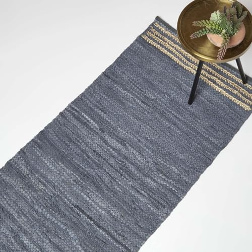Homescapes Teppich-Läufer Leder grau gestreift 66x200 cm, Teppichläufer aus Recycling-Leder mit geflochtenen Jute-Streifen